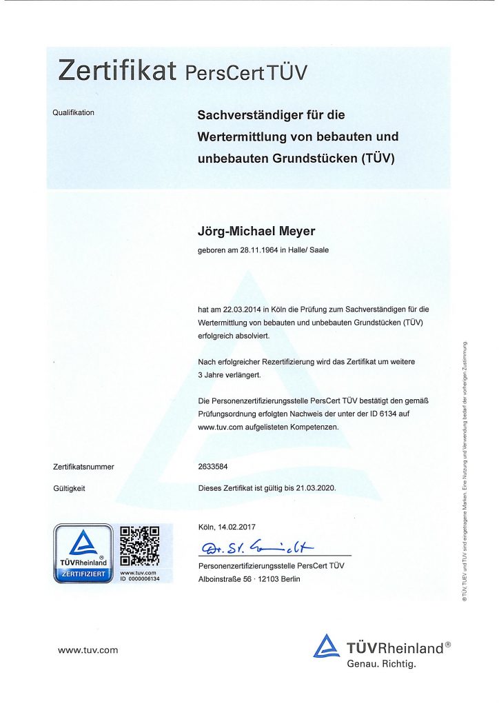 Verlängerung TÜV Zertifikat bis 2020 Verkehrswertermittlung